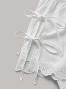 Sweetra Women Summer Holiday Lace Embroidery Side-Tie Shorts - White - View 5