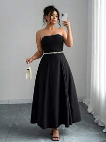 Elenzga Vestido de línea A con cintura fruncida, sin tirantes, de unicolor y elegante para mujer de talla grande