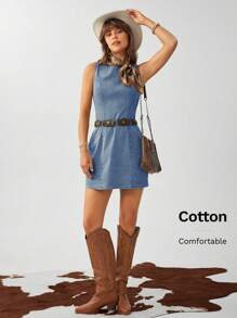 Wildy 女式无袖圆领修身水洗做旧短款连衣裙