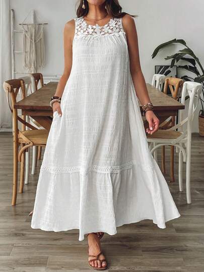SHEIN VCAY Vestido blanco holgado de ganchillo con bolsillos, vestido para el Día de la Madre, atuendos de verano para mujer, playa, ropa de verano, ropa de mujer bohemia, vestido de tirantes, atuendos de verano para mujer, atuendos de concierto country, atuendos de playa, atuendos de graduación, atuendos de vacaciones de playa, atuendos de brunch para mujeres, ropa occidental para mujeres, atuendo de vaquera, atuendo de aeropuerto para mujeres, atuendos de city break, atuendos de vacaciones, atuendos de verano europeos estilo old money, vestido de ganchillo para mujer, vestido blanco de encaje
