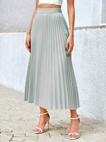 SHEIN Privé Chân váy xếp ly chữ A màu trơn dành cho nữ, kiểu dáng công sở thường ngày. - Màu xanh bạc hà - Xem 3