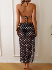 Bonvoyette 3 件套女士花卉 3D 装饰吊带性感沙滩度假波尔卡圆点印花比基尼泳装套装，春夏 - 黑與白 - 查看 5