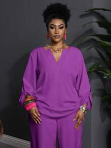 Slaydiva Conjunto de 2 piezas de talla grande para mujer de estilo occidental, con top de manga larga y pantalones de unicolor morado, cuello con muesca - Morado - Ver 5