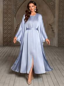 SHEIN Abito elegante da donna a tinta unita con spacco e parte esterna morbida - Blu - Visualizzare 4