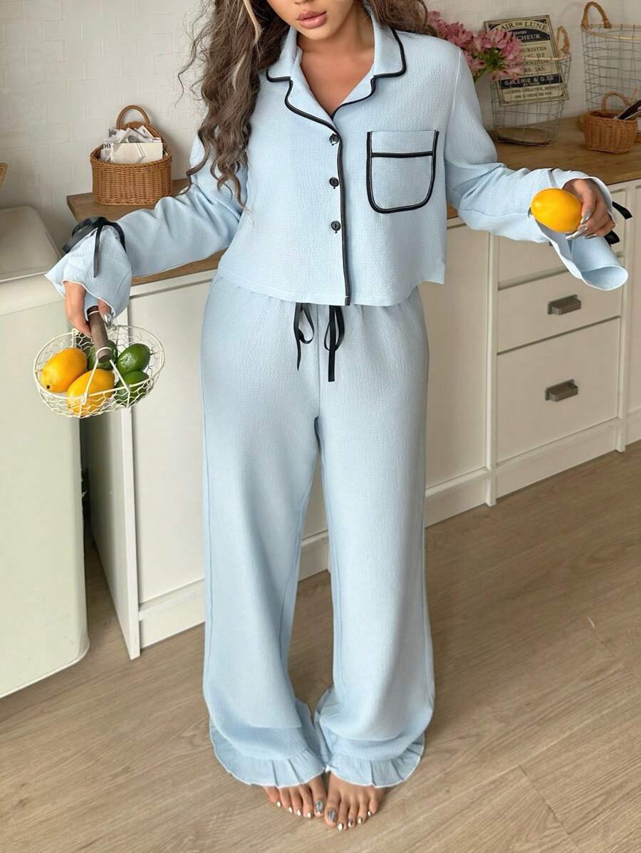 Lowkey Lull Women's Pajama Set With Trimmed Single Breasted Long Sleeve Top And Pants, Fall Winter Clothes - Blue - View 1