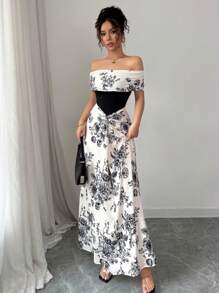 Rafferiza 女士浪漫露肩花卉印花拼接修身长裙，春夏 - 彩色 - 查看 4