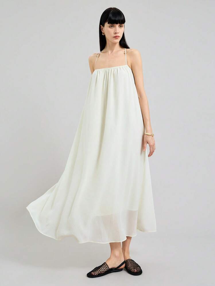 Ontre Summer Elegant Cream White Vacation Holiday Women Long Dress,Spaghetti Strap Sleeveless Flowy Maxi Dress,Beaded Chiffon Bohemian Style Beach Clothing