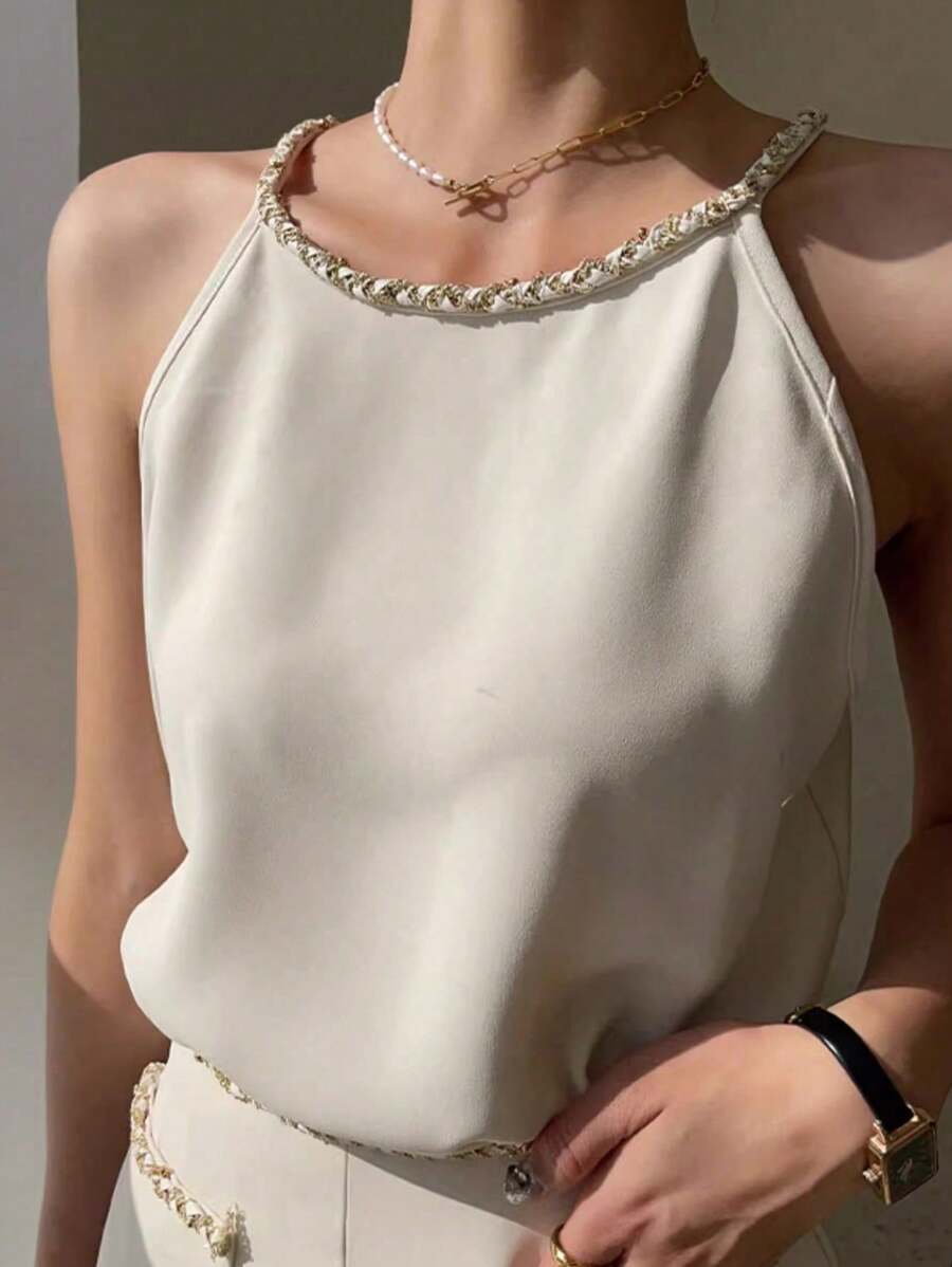 DAZY Nowy Letni Damski Elegancki Satynowy Halter Neck Tank Top - Biały - Zobacz 1