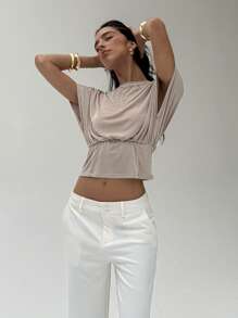 Aloruh Khaki Metallic Thread Elegant Knit T-Shirt For Work,Graduation,Back To School Outfits - Khaki - View 5