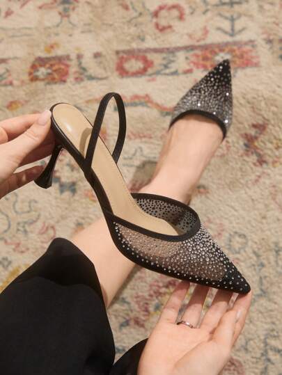 CUCCOO TILAWA 女士时尚黑色网眼水晶单带高跟鞋，适合通勤、约会、聚会、度假、派对、婚礼等各种场合，尤其适合圣诞节。