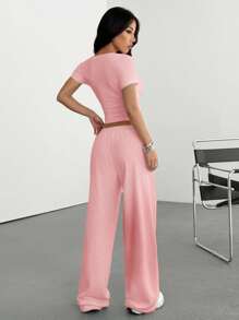 SHEIN EZwear 2pcs/Set Pink Fitted Embroidered Knit Homewear Set For Women, Summer Outfit - Pink - View 2