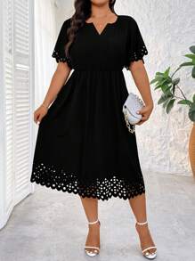 Rometta Plus Size Women's Solid Color V-Neck Short Sleeve Summer Dress - Black - View 5