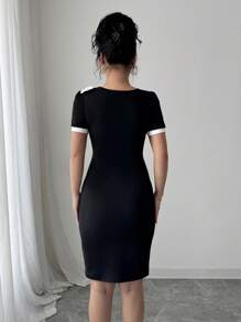 Elenzga Vestido elegante ajustado con hombros descubiertos y mangas cortas anudadas para mujer - Negro - Ver 2