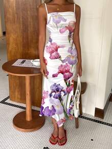 SHEIN EZwear 女士休闲简约度假紫色花卉印花罩衫中长连衣裙，适合度假、音乐节 - 彩色 - 查看 6