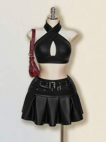 SHEIN ICON 加大码腰带扣金属索环装饰腰带搭配 PU 褶皱迷你裙 - 黑色 - 查看 3