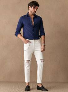 Manfinity NXTstreet Men's White Ripped Jeans With Chain, Fashionable Style - White - View 2