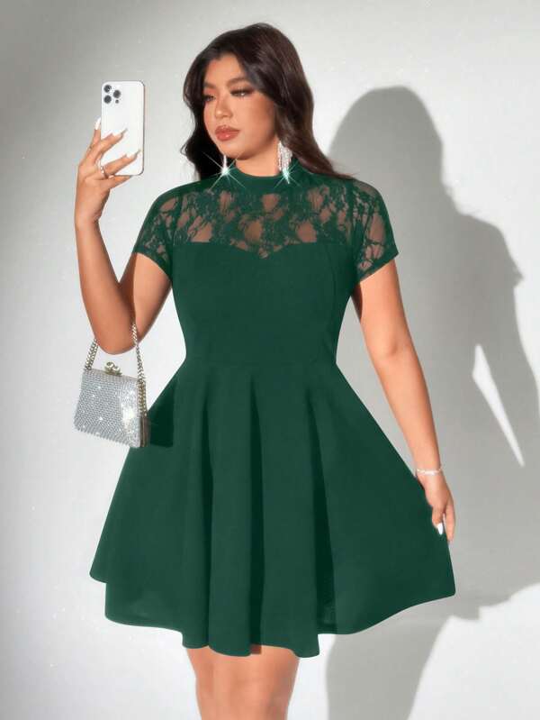 Viva Relle Plus Size Elegant Contrast Lace Cinched Waist Short Sleeve Midi Dress, Summer