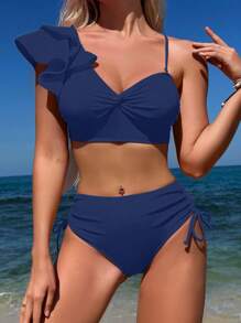 Swim Vcay Ruffled Edge Swimsuit, Fashionable For Summer - Navy Blue - View 6