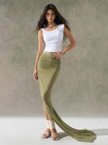 LYSMO Green Solid Color A-Line Skirt, Fashionable For Summer
