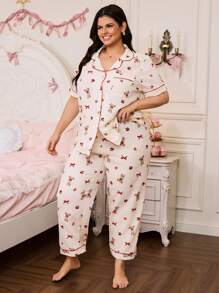 SweetSlumber Conjunto de pijama talla grande con estampado de conejo con moño, arrugado y holgado