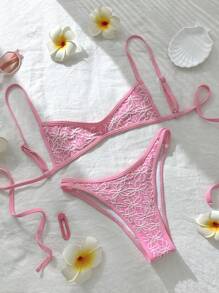 Swim Mod 女士提花面料细肩带高开叉性感比基尼套装 - 粉色 - 查看 1