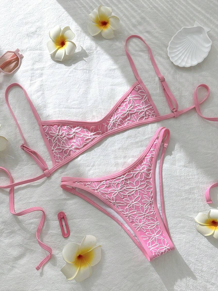 Swim Mod 女士提花面料细肩带高开叉性感比基尼套装 - 粉色 - 查看 1