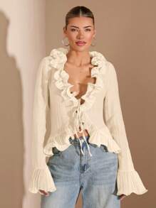 SHEIN BAE Áo khoác cardigan nhẹ cổ chữ V sâu thanh lịch dài tay viền bèo nhún đầu xuân dành cho nữ, thích hợp cho tiệc ngoài vườn, hẹn hò lãng mạn, đi chơi với bạn bè, đi chơi đầu xuân và các hoạt động tiệc tùng - Màu be - Xem 3