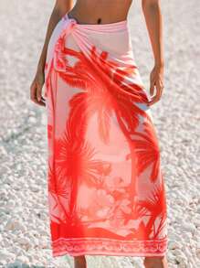 SHEIN Swim 1pc Women's Coconut Tree Mesh Maxi Dress With Belted Waist, Tropical Boho Casual Beach Wear - Orange - View 1