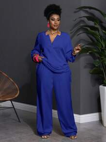Slaydiva 2pcs/Set Plus Size Western Wear Casual Solid Notched Neck Long Sleeve Top And Pants Set Fall - Blue - View 2