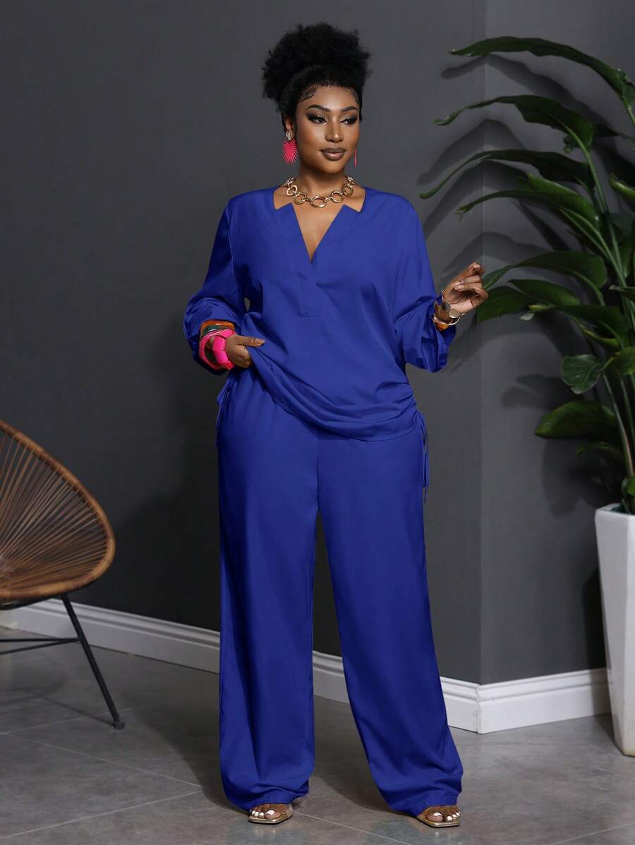 Slaydiva 2pcs/Set Plus Size Western Wear Casual Solid Notched Neck Long Sleeve Top And Pants Set Fall