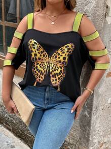 SHEIN LUNE Plus Size Leopard Print & Butterfly Hollow Out Band Black T-Shirt - Black - View 5