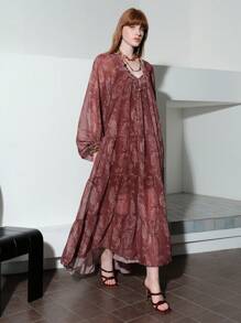 Arave 女士雪纺细肩带宽松喇叭袖灯笼袖度假风印花时尚通勤多层拼接V领荷叶边长裙两件套 - 棕色 - 查看 1