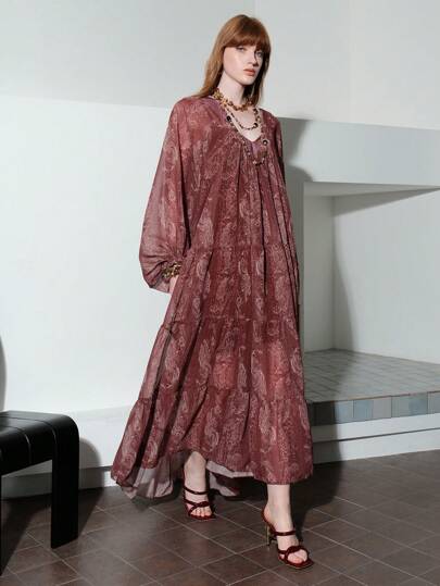 Arave 女士雪纺细肩带宽松喇叭袖灯笼袖度假风印花时尚通勤多层拼接V领荷叶边长裙两件套