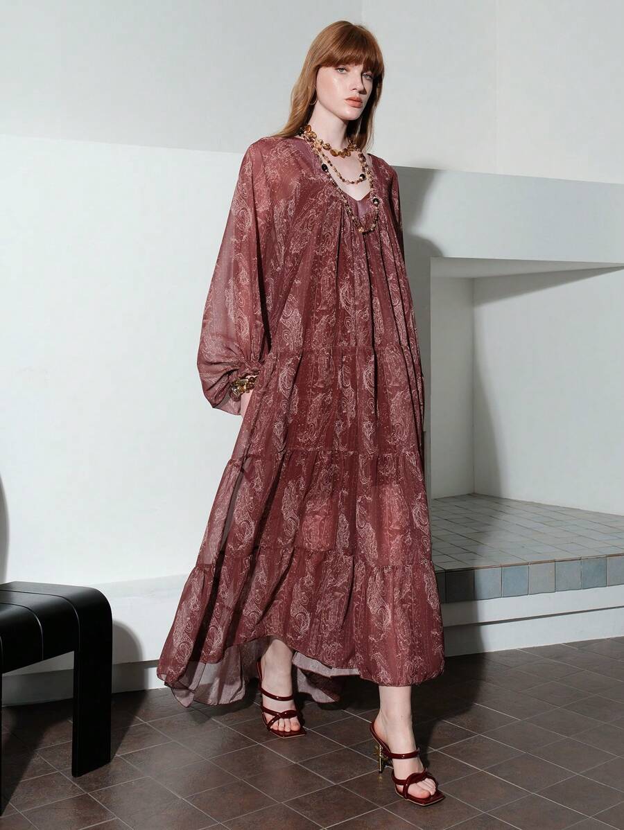 Arave 女士雪纺细肩带宽松喇叭袖灯笼袖度假风印花时尚通勤多层拼接V领荷叶边长裙两件套 - 棕色 - 查看 1