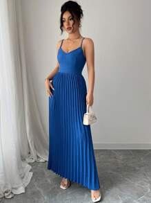 Chiquease Fashionable And Elegant Casual Pleated V-Neck Sleeveless Dress - Blue - View 3