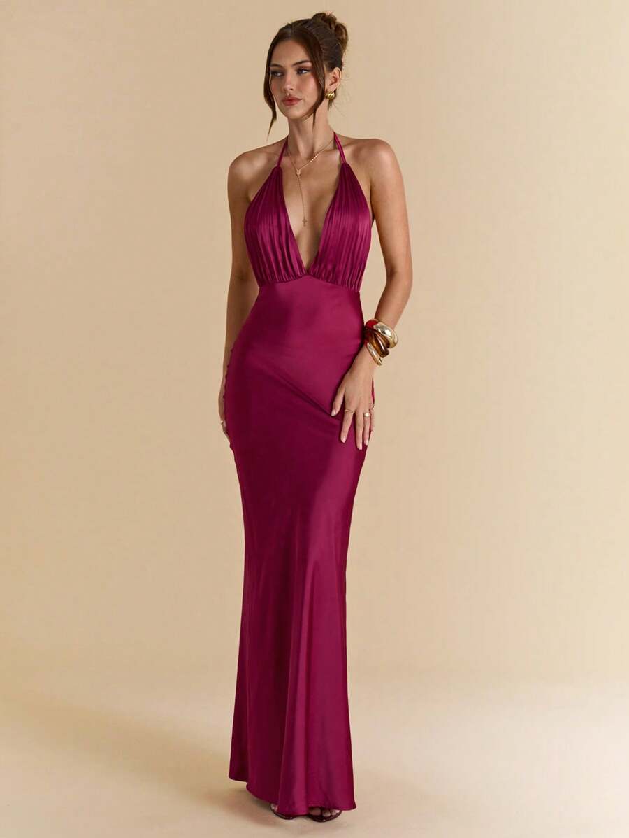 SHEIN BAE Solid Burgundy Sexy Deep V-Neck Pleated Long Satin Women's Dress, Suitable For Banquet, Wedding Bridesmaid Dress, Elegant Dress - Burgundy - View 1