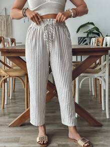 SHEIN VCAY Quần ống đứng cạp chun kẻ sọc cỡ lớn cho nữ, quần dài ngày lễ phong cách Bohemian giản dị cho tiệc hồ bơi, cô gái mùa hè theo phong cách Boho sang trọng, tiệc sáng muộn, sân bay, bãi biển, kỳ nghỉ, nghỉ ngơi trong thành phố, ngày lễ, trang phục miền Tây - trắng - Xem 3