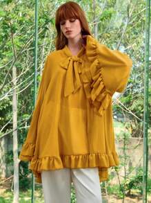 Aveloria Women Chiffon Ruffle Hem V-Neck Bowknot Fashionable Commuter Elegant Solid Color Long Loose Blouse,Summer Tops,Long Sleeve Top,Festival,Country Concert,Bohemia,Boho - Mustard Yellow - View 2