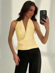 Aloruh 简约办公室领结低胸垂坠修身杏色缎面女士背心 - 黃色 - 查看 3