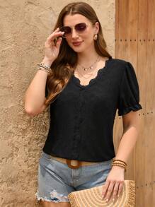SHEIN LUNE Plus Contrast Lace Puff Sleeve Tee - Black - View 4