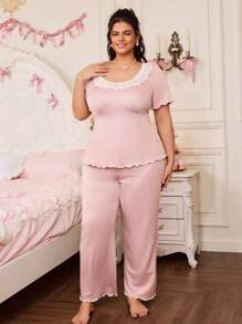 SweetSlumber Conjunto de pijama de pantalón largo y manga corta con encaje para talla grande