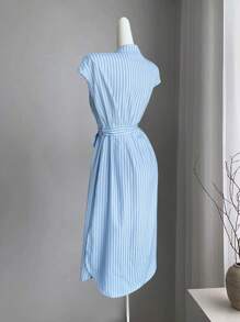 Selianne Romantic Elegant Graduation Concert Outfit Business Casual Old Money Style Anouk Yve Aura Quiet Style Commuter Blue Striped Shirt Dress Short Sleeves Pocket Bow Slits 2025 Spring And Summer Vacation And Leisure Home New Long Dress - Blue - View 4