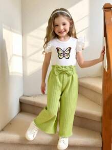 2pcs Girls Sweet Cute Butterfly Print Cap Sleeve Top Tee + Bowknot Ruffles Patterned Pants Set, Fashionable Casual Outfit Suitable For Vacation, Travel, Holiday Party, Summer Summer Holiday