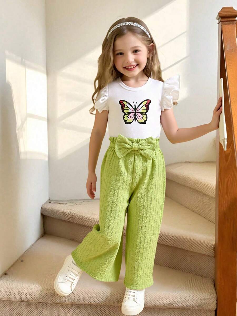 2pcs Girls Sweet Cute Butterfly Print Cap Sleeve Top Tee + Bowknot Ruffles Patterned Pants Set, Fashionable Casual Outfit Suitable For Vacation, Travel, Holiday Party, Summer Summer Holiday