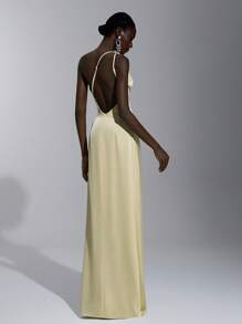 SHEIN Belle Elegant, Romantic, Sexy, Minimalist Sleeveless Backless Ruffle Trim Bodycon Dress With High Slit, In Light Yellow Satin Fabric, Suitable For Fashion, Influencer Style, Holidays, Vacation, Birthday Party, Wedding, Bridesmaid - Yellow - View 2