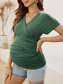 SHEIN Maternity V-Neck Ruched Short Sleeve T-Shirt, Casual Summer - Army Green - View 3