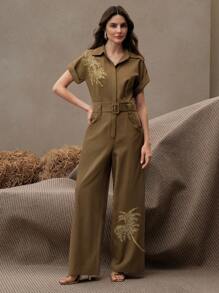 Anewsta Ladies' Spring/Summer Music Festival High Waist Heavy Craftsmanship Embroidery Coconut Tree With Belt Decoration Green Vacation Short Sleeve Jumpsuit - Brown - View 5