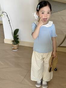 DAZY Young Girls Cute Bowknot Collar Short Sleeve T-Shirt, Summer - Blue - View 5