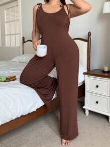 Dazy Plus Solid Color Fitted Jumpsuit Sleepwear - Brown - View 5