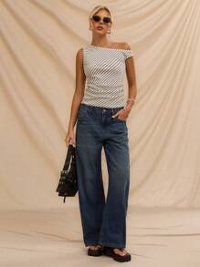 Lucid Women's Striped Off-Shoulder Asymmetric Blouse - 黑白 - 查看 7